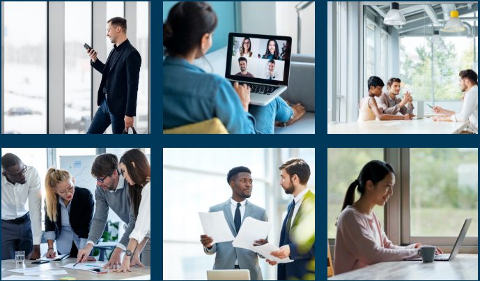 Collage of men and women working at the office and at home attending in-person meetings, attending video meetings, talking on the phone, reading their phones, and writing on a whiteboard