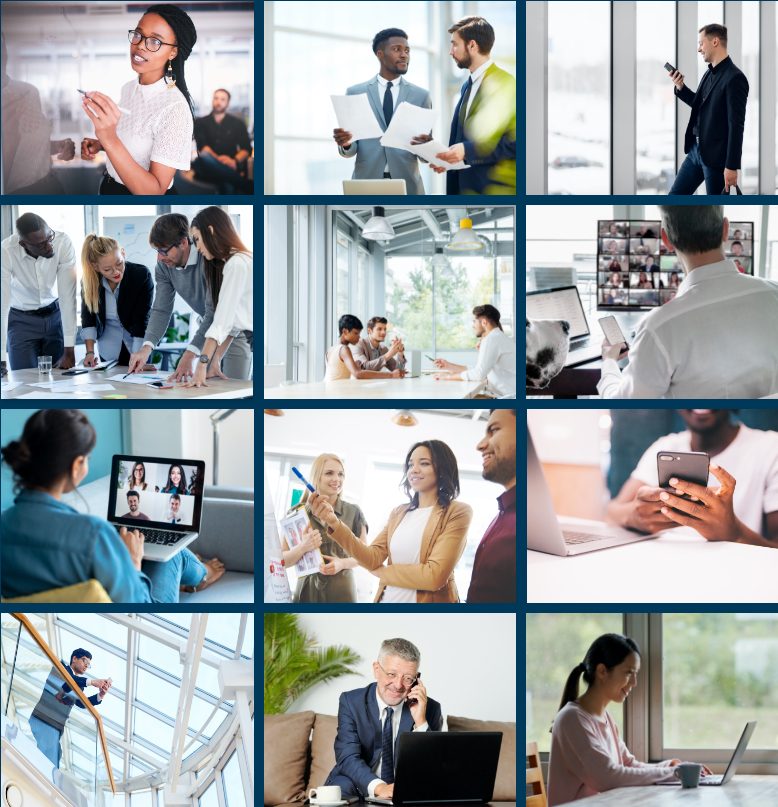 Collage of men and women working at the office and at home attending in-person meetings, attending video meetings, talking on the phone, reading their phones, and writing on a whiteboard