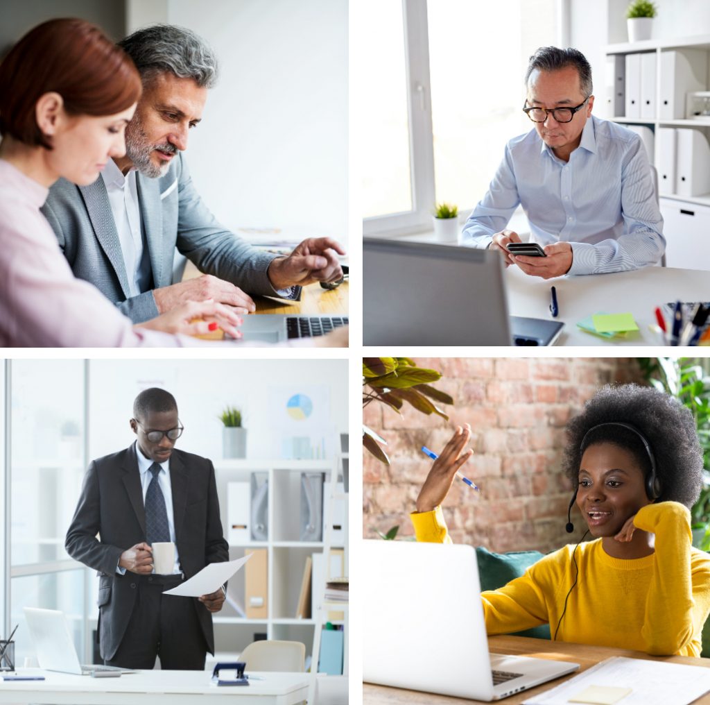 collage of men and women in business and casual clothing in offices and at home working together, on a computer, reading a report, and on a phone